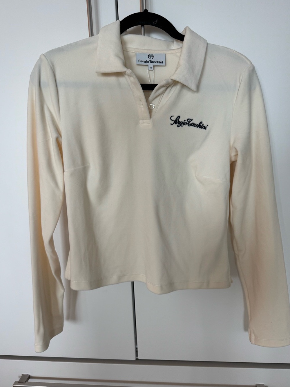 Sergio Tacchini Cream Velour Polo with Navy Script Logo